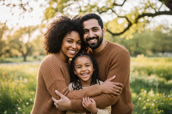 a mother and father smiling with their child