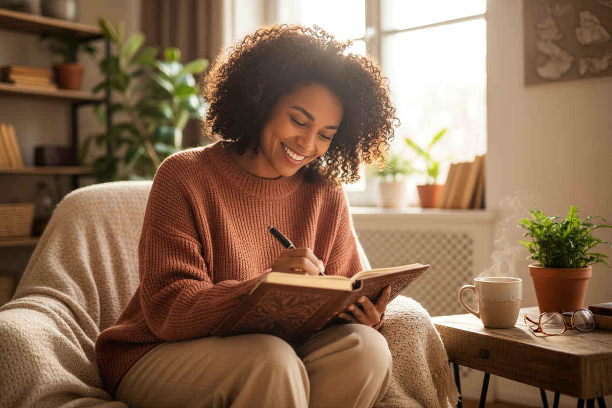 photo of colored woman journaling with a smile 